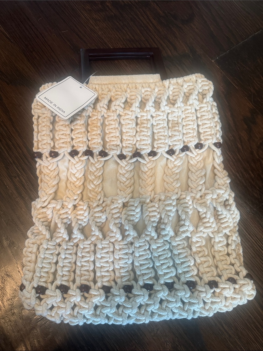 Handwoven Cream Macramé Small Tote with Dark Wood Handles